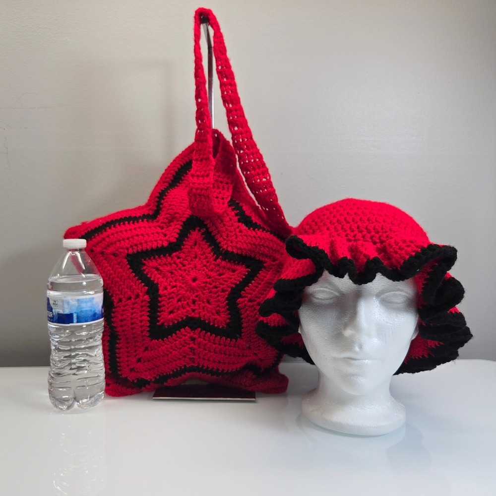 Handmade Crochet Star Shoulder Bag Ruffle Bucket Hat Set Tomato Red Whimsigoth
